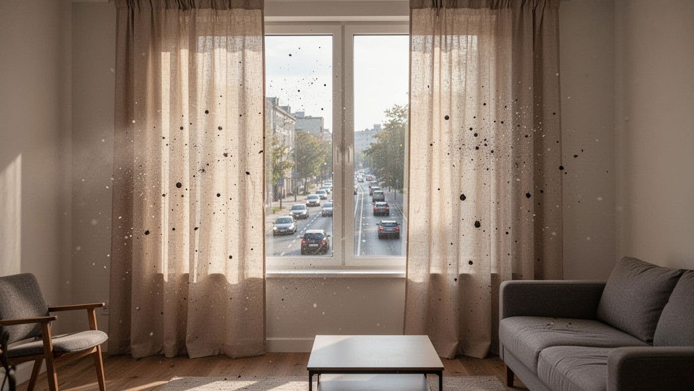 Photorealistic landscape image of a bright modern living room window featuring light beige curtains with visible dust particles and black spots, highlighted by slanted morning sunlight, overlooking a busy street with cars from a low-floor apartment.