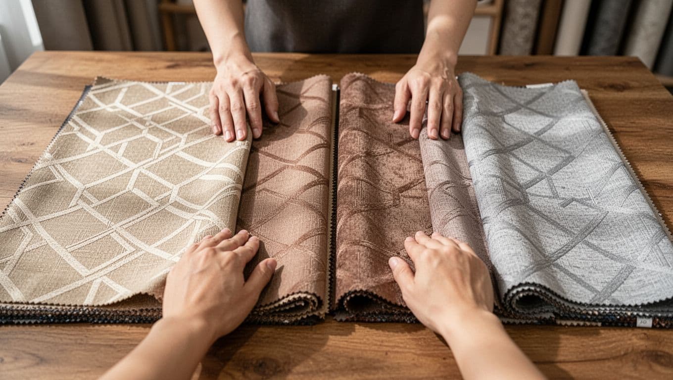 Close-up of curtain fabric swatches on a wooden table in a Taiwanese home decor shop, showing earth tone fabrics and similar alternatives. Two relaxed hands place swatches side by side for color matching under natural daylight.