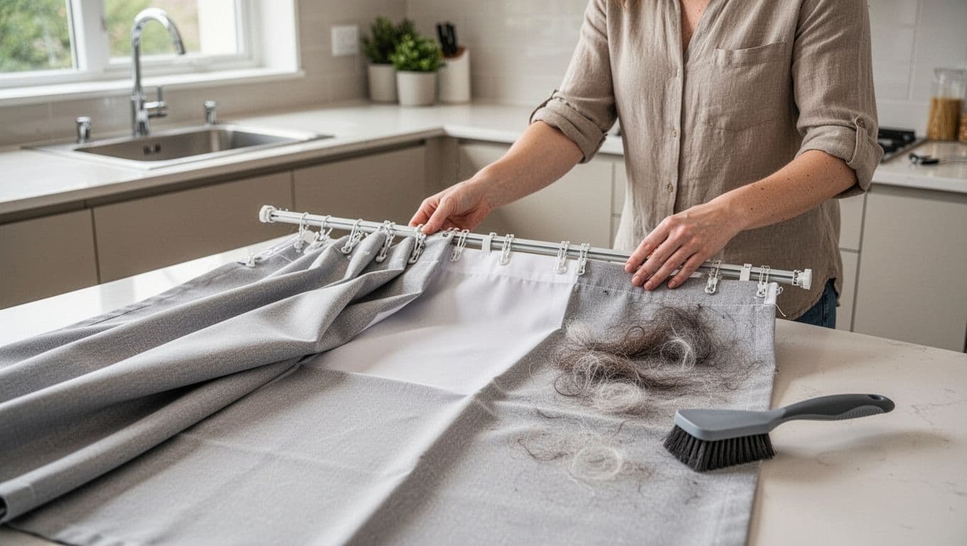 Photorealistic image showing custom curtains partially removed from track for washing in a bright modern kitchen, with removable hooks, fabric laid flat on table, dust brush, and pet hair being cleaned by one person.