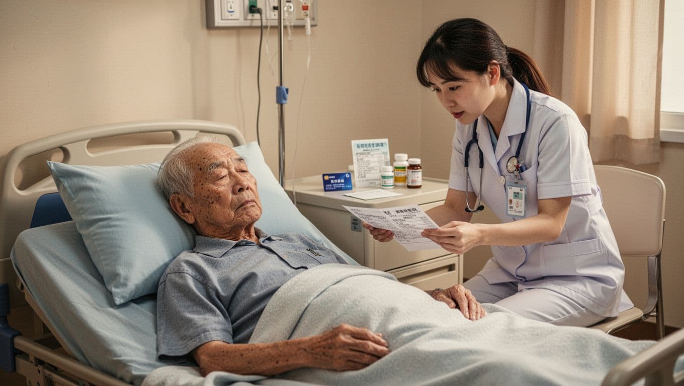 An elderly Taiwanese man lies tiredly on a hospital bed needing care, as a female nurse gently reviews health insurance documents and bills beside him. Bedside table features insurance card, care receipts, and medicine bottles in a warm, caring atmosphere with realistic high-detail style.