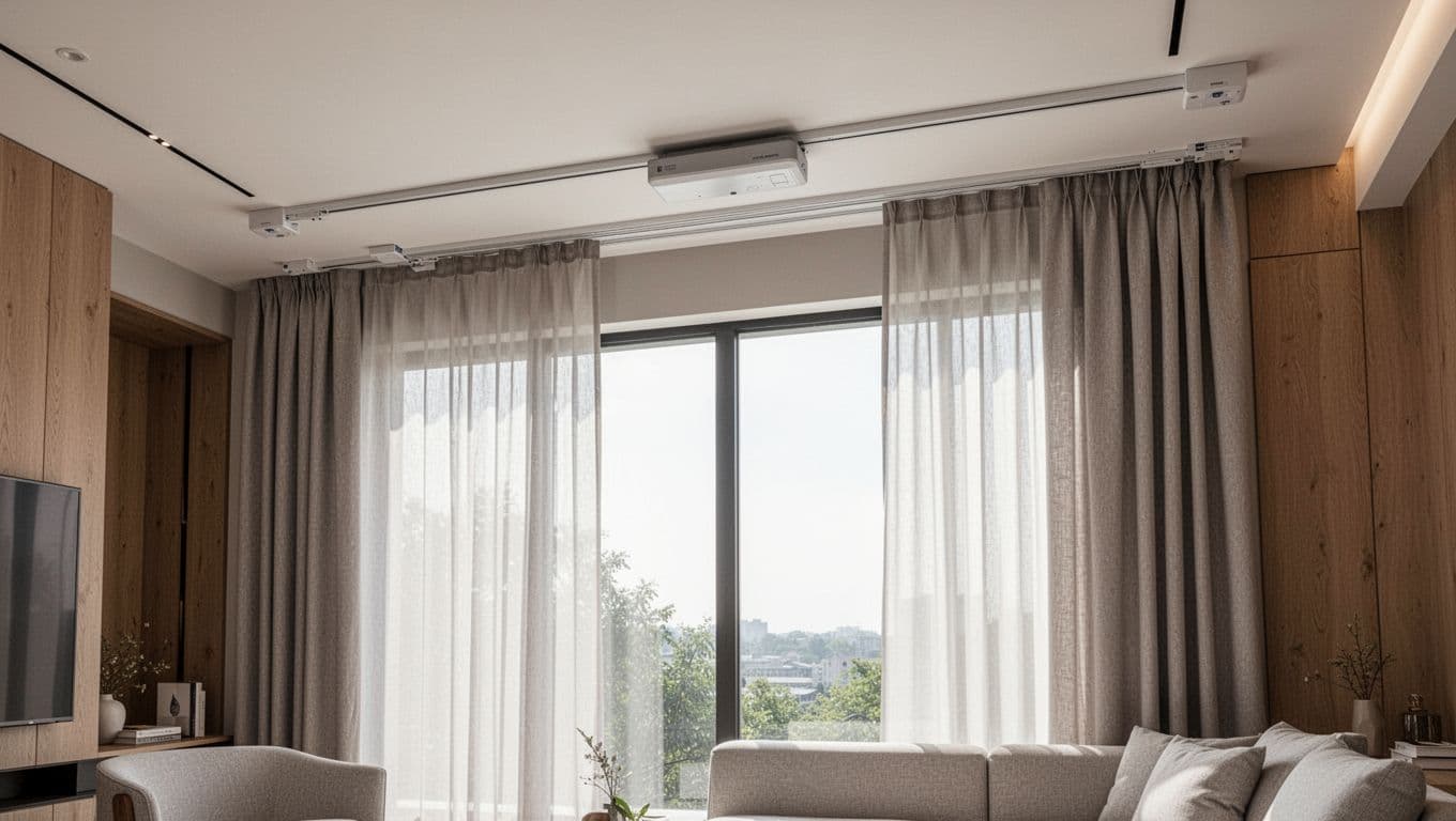 訂製窗簾不想花冤枉錢,報價前要先準備什麼 A realistic modern living room ceiling showcases an electric curtain track system installed above large windows, with curtains smoothly half-drawn by remote operation and soft natural daylight filtering through contemporary interiors in neutral tones.