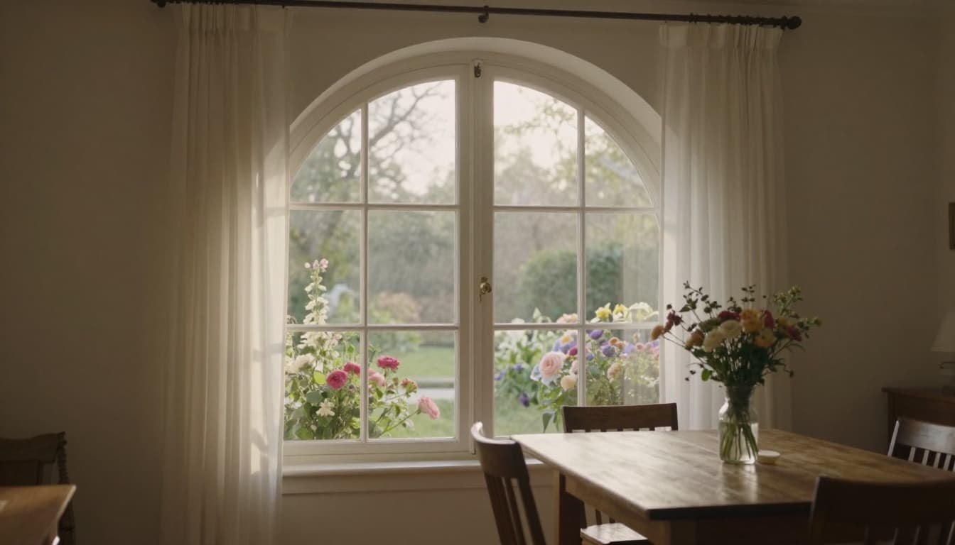 特殊窗型訂製窗簾會貴多少?轉角窗、弧形窗費用解析 An elegant arched window in a cozy dining room frames blooming flowers and greenery outside, with soft morning light through sheer curtains and a wooden table with one vase of flowers.