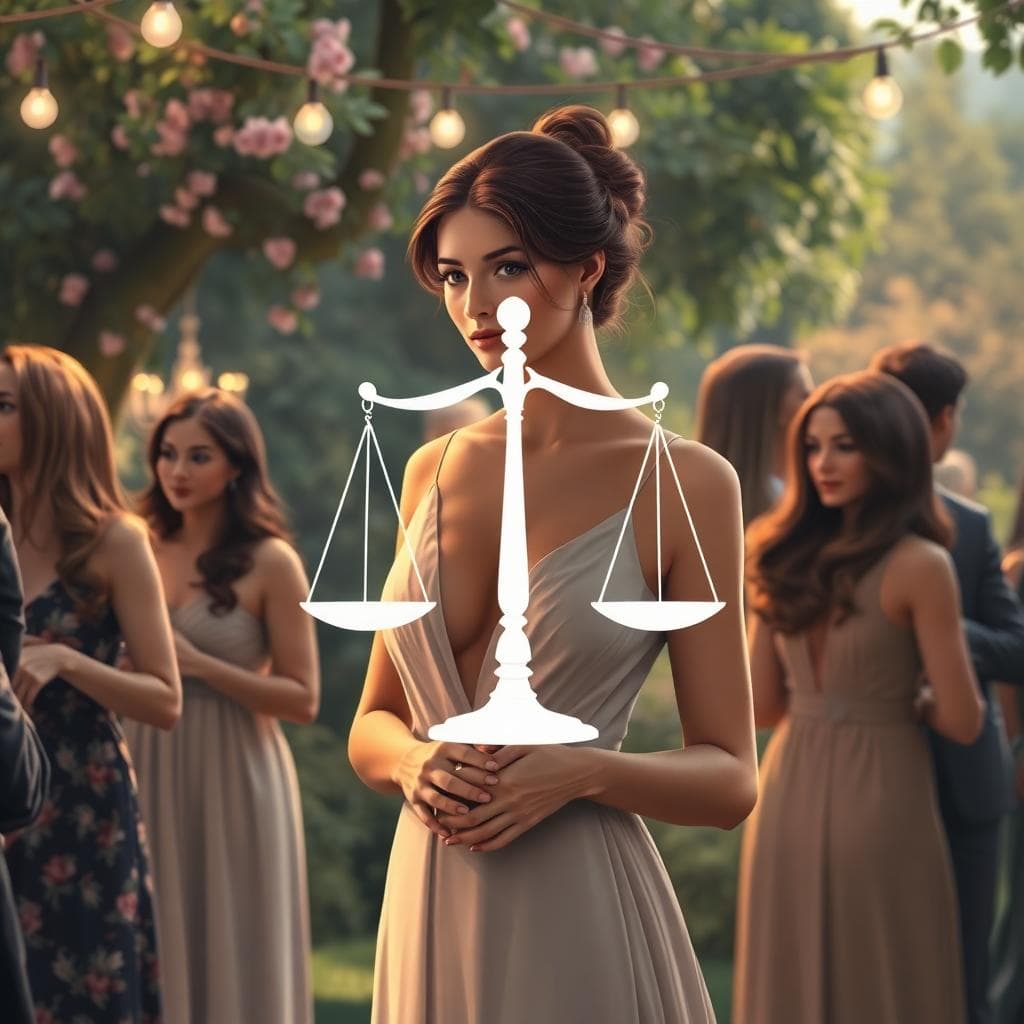 An elegant person at a garden party representing Libra zodiac traits, interacting gracefully with friends under soft lighting