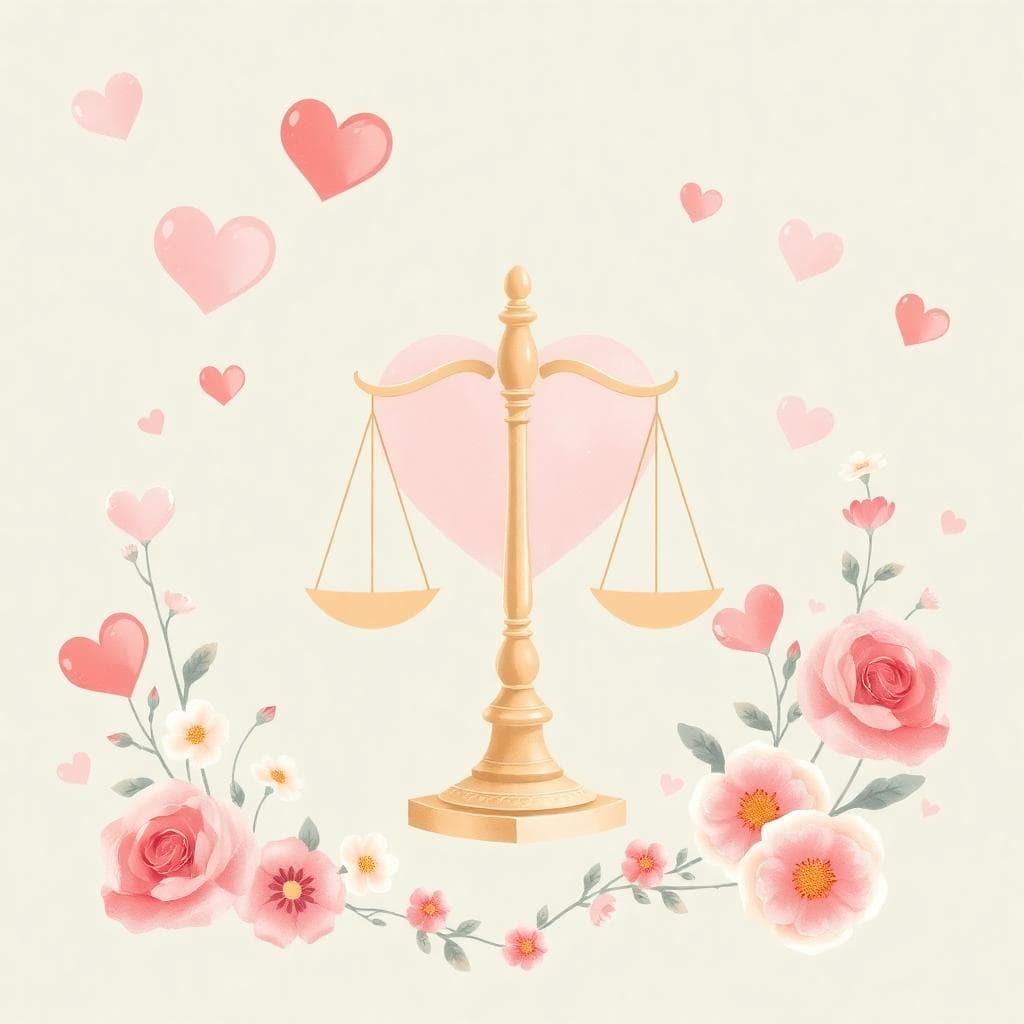 An elegant illustration of a Libra zodiac sign with a balanced scale surrounded by soft romantic hearts and flowers in a harmonious pastel background, evoking love and indecision, in a dreamy artistic style.