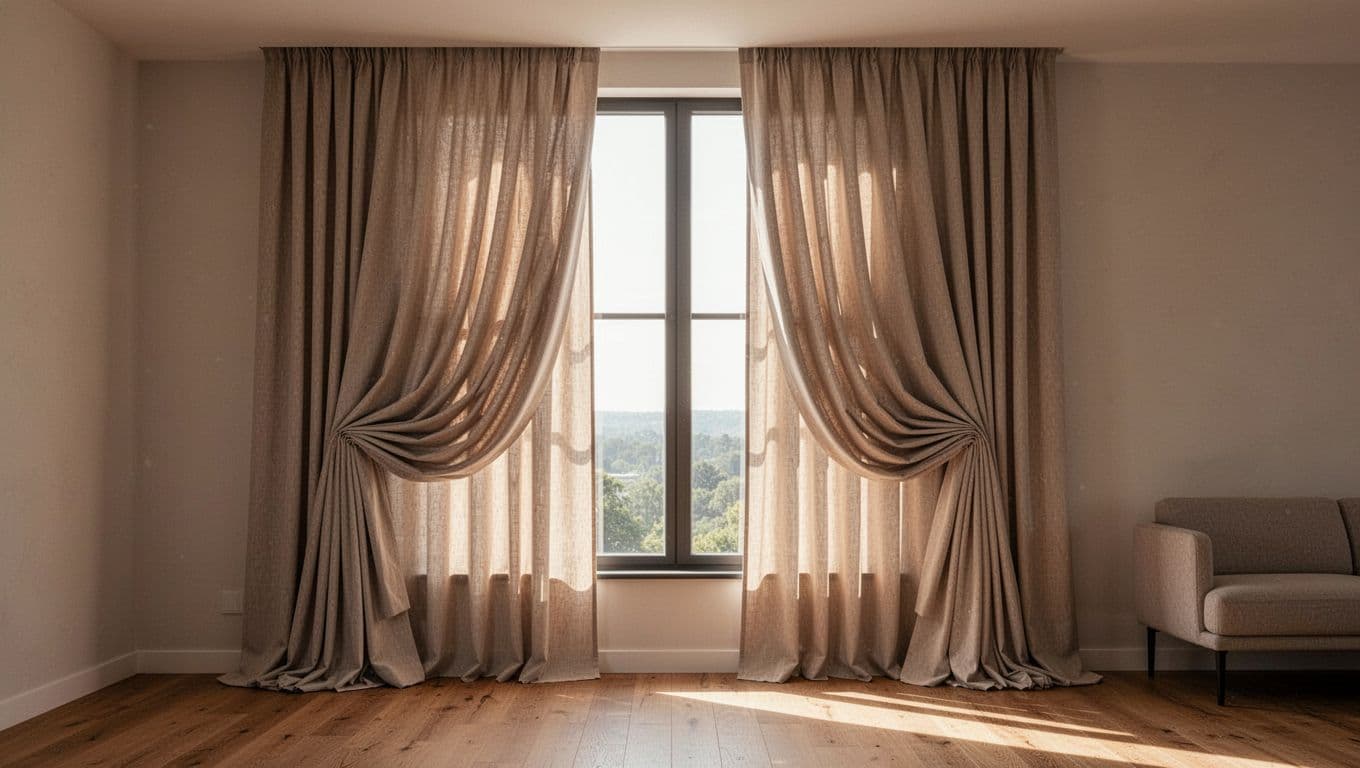 訂製窗簾一定要花錢的3大地方:布料、五金、安裝全解析 High-quality custom curtains with perfect pleats and generous fabric volume drape beautifully over a wide living room window, enhanced by soft afternoon sunlight casting gentle shadows on the folds. Modern minimalist interior features wooden floor and simple sofa in the background.
