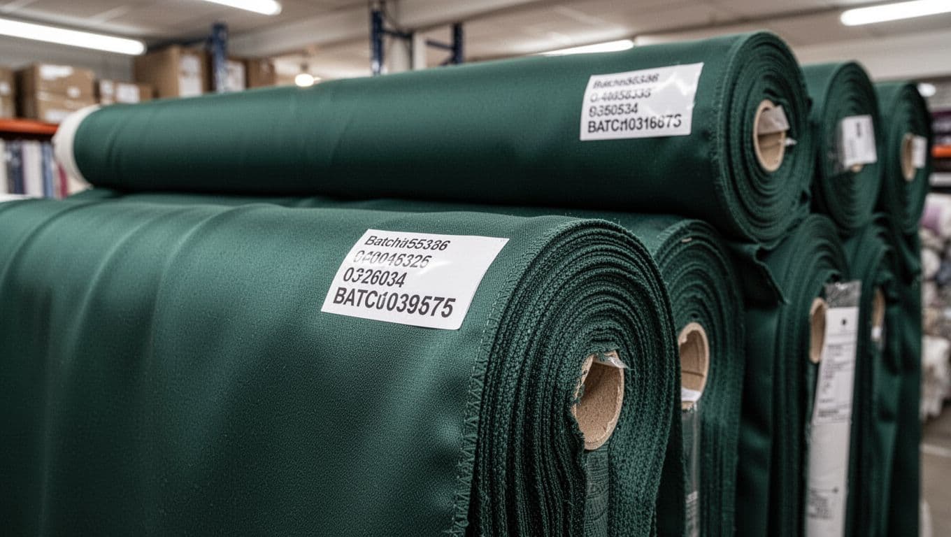 A close-up view of several rolls of identical emerald green curtain fabric in a well-lit warehouse, featuring smooth texture and batch number labels under soft lighting. Professional product photography emphasizes uniformity and fabric quality with sharp focus.