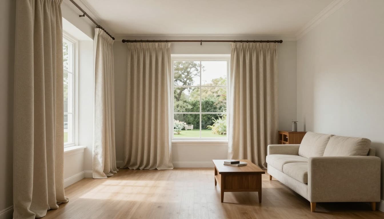 訂製窗簾不想花冤枉錢,報價前要先準備什麼 Photorealistic empty living room interior with light beige curtains matching pale walls, wooden furniture in complementary tones, large garden-view window, soft afternoon light, elegant timeless design with detailed fabric textures.