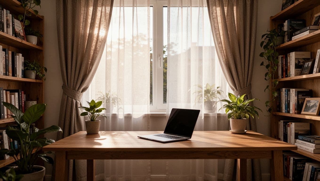 訂製窗簾抗UV值得選嗎?價格差異與實際效果解析 Photorealistic empty home office or study room with a desk near a window, half-drawn sheer and fabric curtains reducing glare on a relaxed laptop, surrounded by bookshelves and plants in softly diffused afternoon light.
