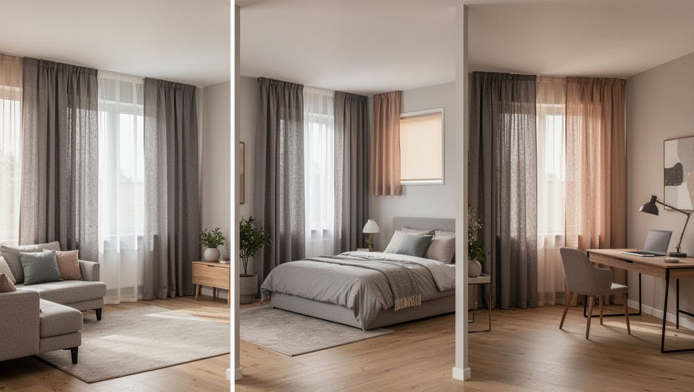Empty modern home interior visually connecting living room, bedroom, and study, all featuring neutral gray curtains on main windows with warm accent fabrics, under soft natural daylight in realistic high-detail photography.