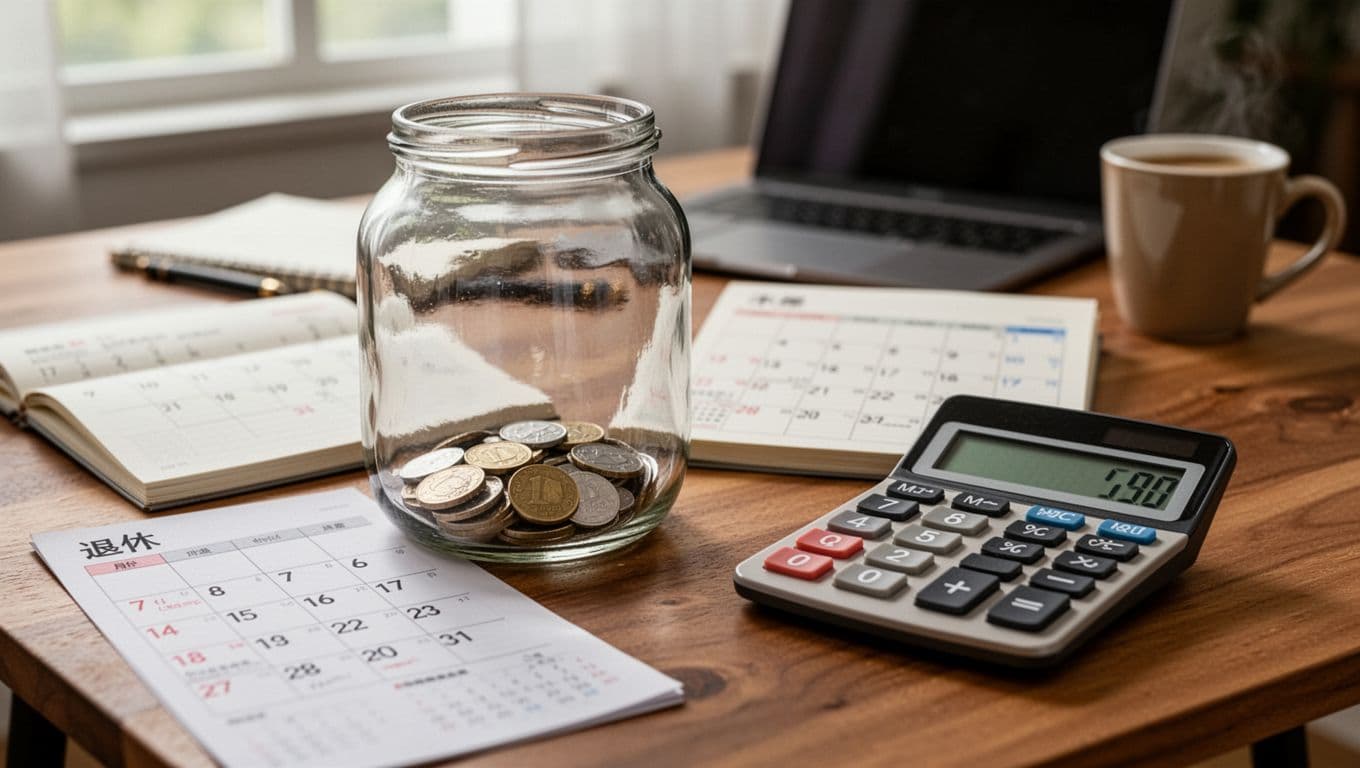 Nearly empty transparent glass piggy bank with few coins on wooden desk, beside calendar open to retirement date and calculator showing low savings. Soft natural light, realistic style, high detail, evokes late-life financial pressure.