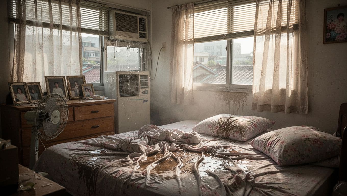 西曬隔熱,窗簾加內襯值得嗎?預算評估全指南 Photorealistic depiction of an empty, muggy Taiwanese apartment bedroom overwhelmed by harsh west-facing afternoon sunlight through sheer curtains, with rumpled sweat-damp bedsheets, weakly blowing fan, dripping AC, and oppressive heat haze.
