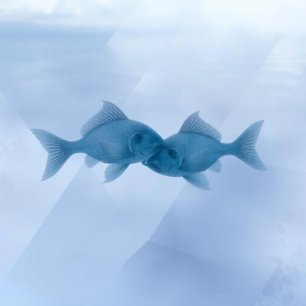 AI 生成圖：雙魚座在模糊邊界中的象徵畫面，水霧與兩條魚交疊