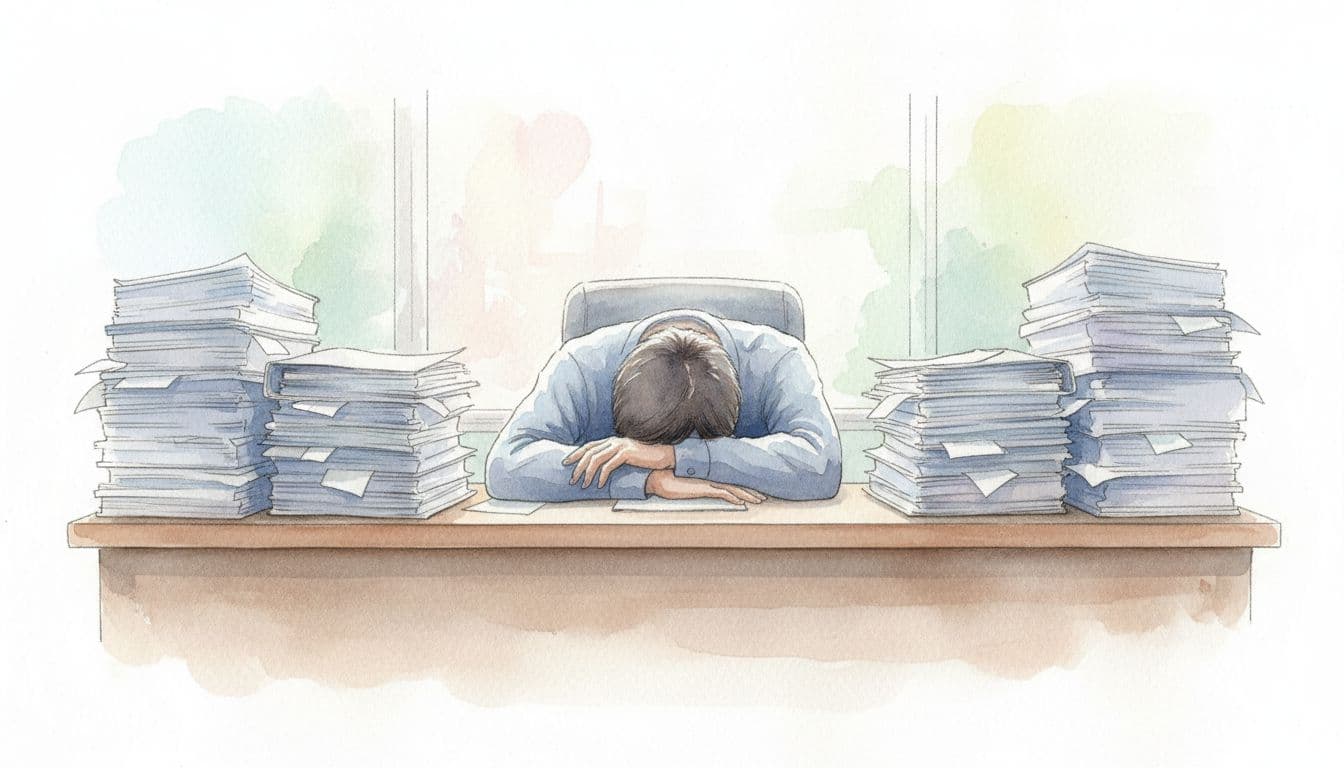 A person slumped over a desk covered in stacks of files in a watercolor style.