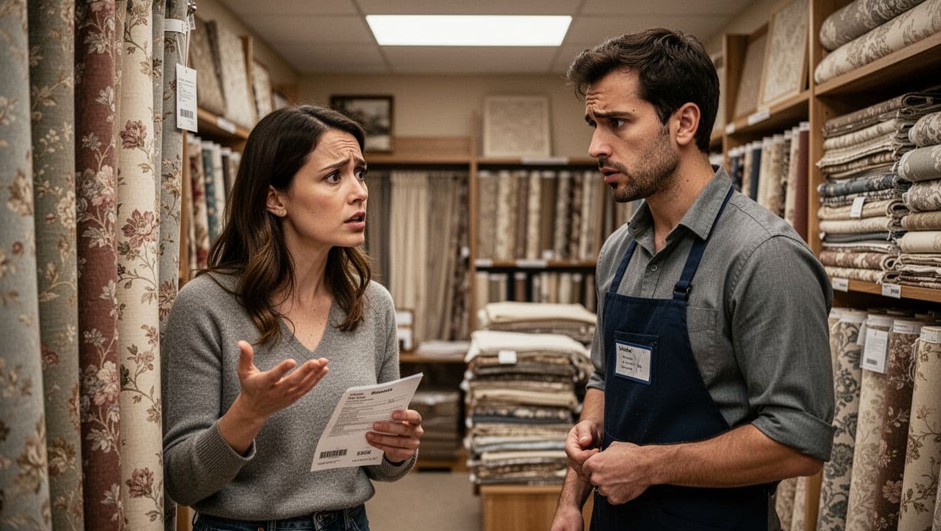 In a cozy fabric store with soft lighting, a concerned female customer in her 30s gestures questioningly at curtain fabric rolls while holding a label, as a male vendor appears evasive, avoiding eye contact without showing documents. Realistic professional photography captures negotiation tension through detailed facial expressions, fabric textures, and warm yet uneasy tones.
