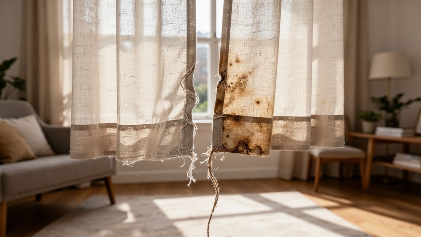 訂製窗簾報價要不要含到貨檢查?品質確認全指南 A custom curtain installed on a living room window exhibits multiple defects: faded fabric turning lighter, skewed and wrinkled edge stitching, insufficient length to cover the bottom, and a broken pull cord accessory. Foreground focuses on flaws like faded areas and snapped rope, with sunlight in the home living room background highlighting color differences in a bright realistic warning style.