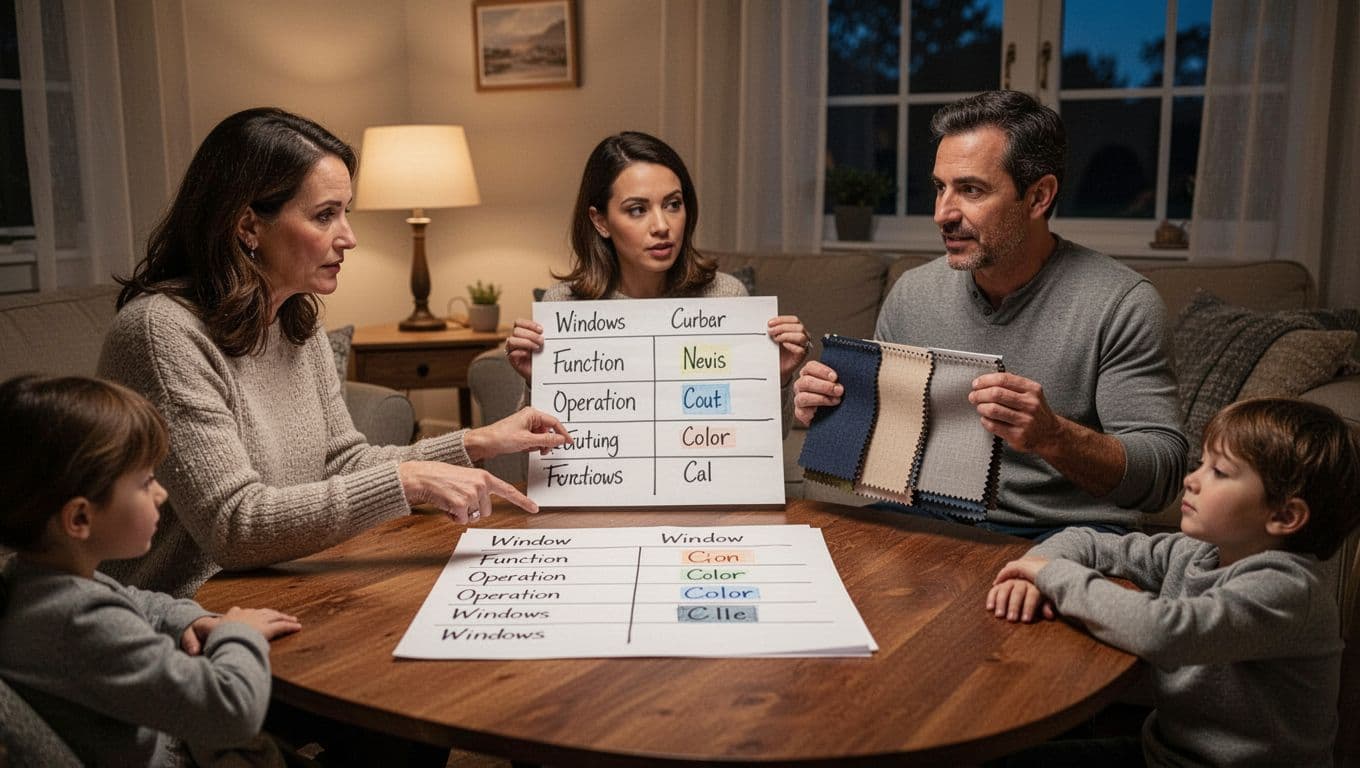 In a cozy evening-lit living room, a woman points at a handwritten list of window details while a man holds curtain swatches, with a child nearby, capturing a moment of family decision-making.