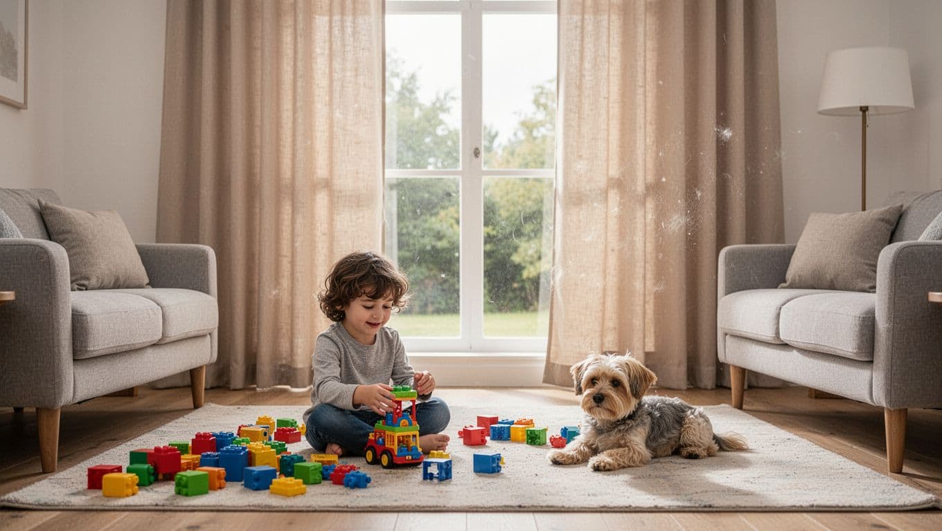 訂製窗簾想控制預算,先決定這 3 件事 A playful child sits playing with a toy in a cozy modern family living room, accompanied by one small dog resting nearby, with large easy-clean polyester curtains in soft beige hanging straight and spotless by a large window despite scattered toys and pet presence.