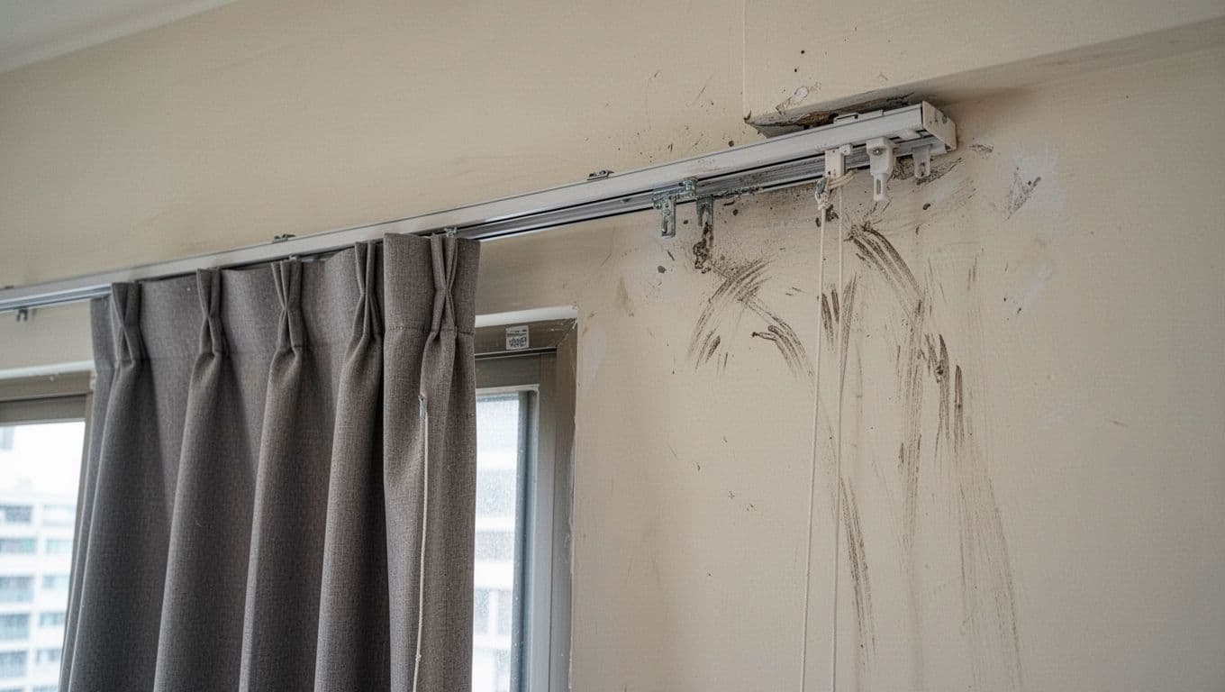 Realistic indoor photo of a defective curtain installation showing an uneven track causing skewed fabric, stuck pull cord, and friction scratches near the wall corner, against a simple wall and window background.