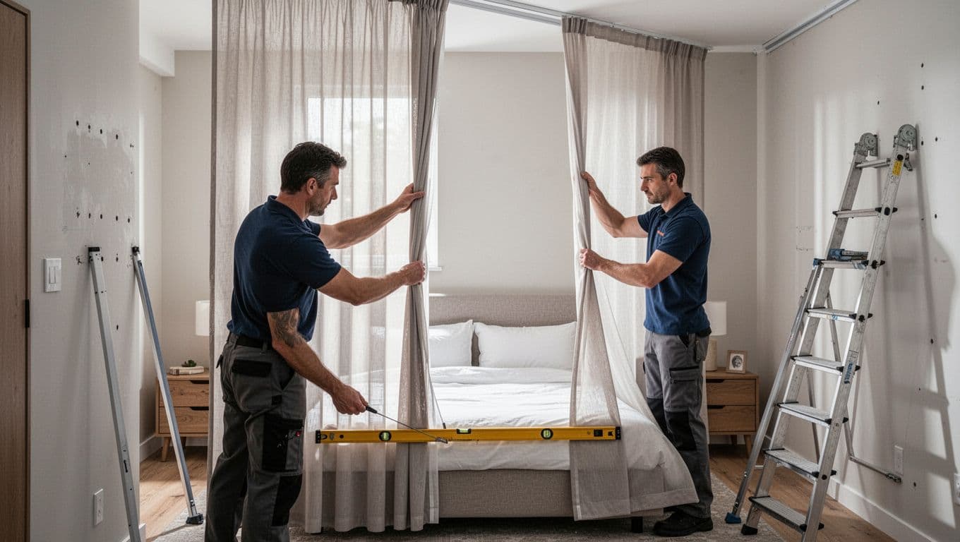 Photorealistic scene of one installer using a level tool to check curtain bottom hem straightness and alignment from a distance, then smoothly pulling panels to inspect seals, wall holes, and clean finish without light leaks in a modern bedroom with natural daylight.