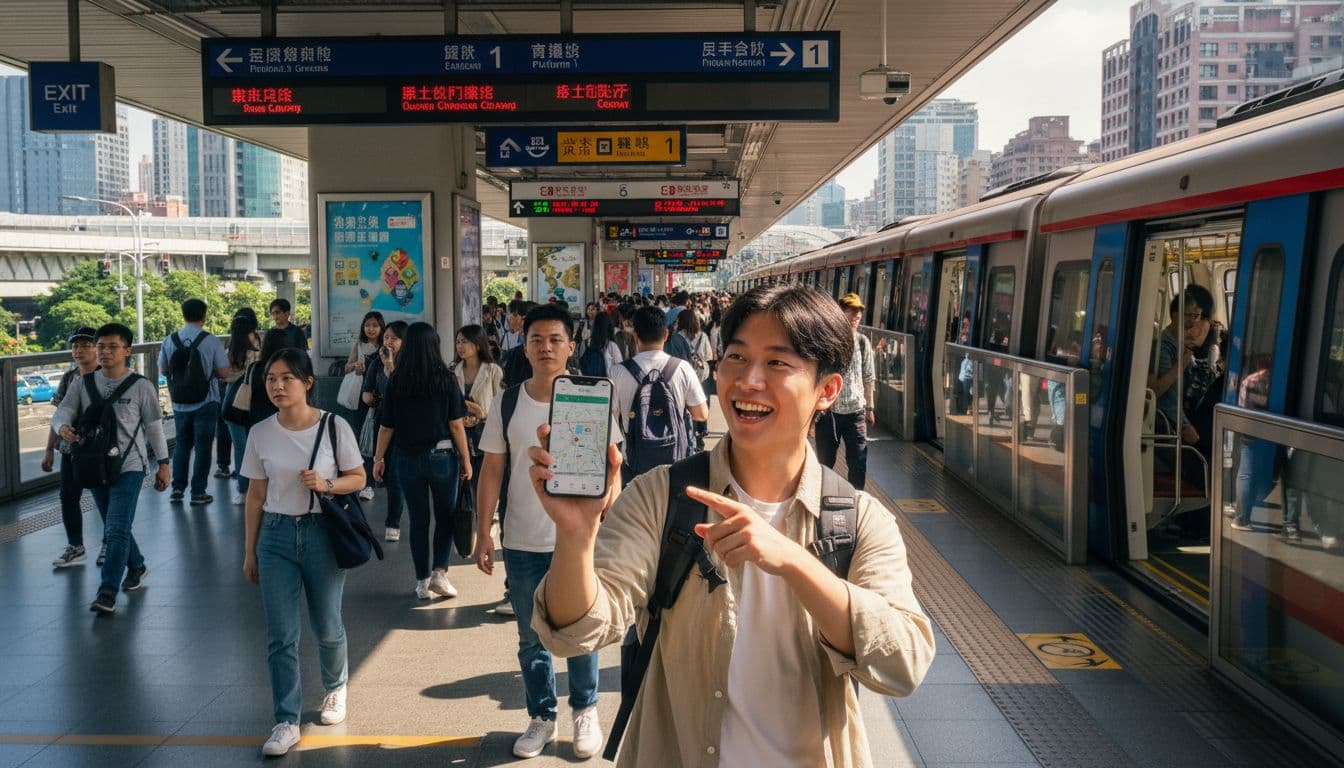 第一次來台北旅客在捷運站看手機地圖