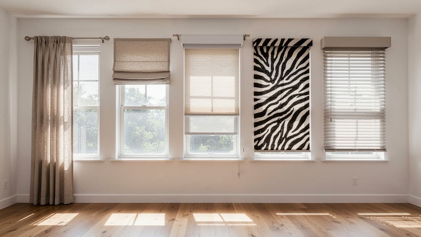 Photorealistic side-by-side comparison of five curtain styles—fabric slide track, Roman pole, roller blind, zebra blind, and honeycomb blind—installed on a living room window, set against a clean white wall and wooden floor with bright daylight, emphasizing structural differences like tracks, poles, and boxes.