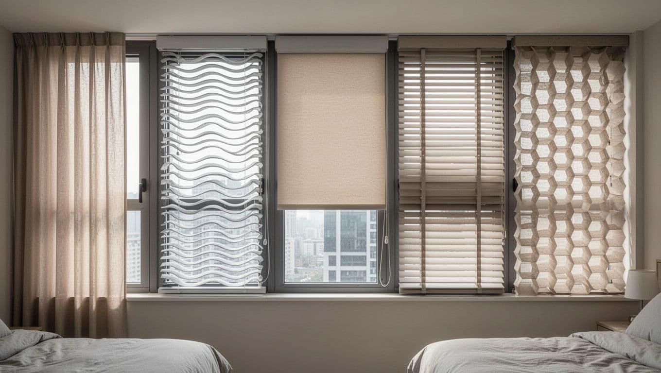 Side-by-side showcase of five curtain styles—soft fabric with natural folds, wave track curtains, roller blinds in cassette, layered venetian blinds, and honeycomb shades—half-open on matching modern bedroom windows under soft lighting to emphasize shape differences.
