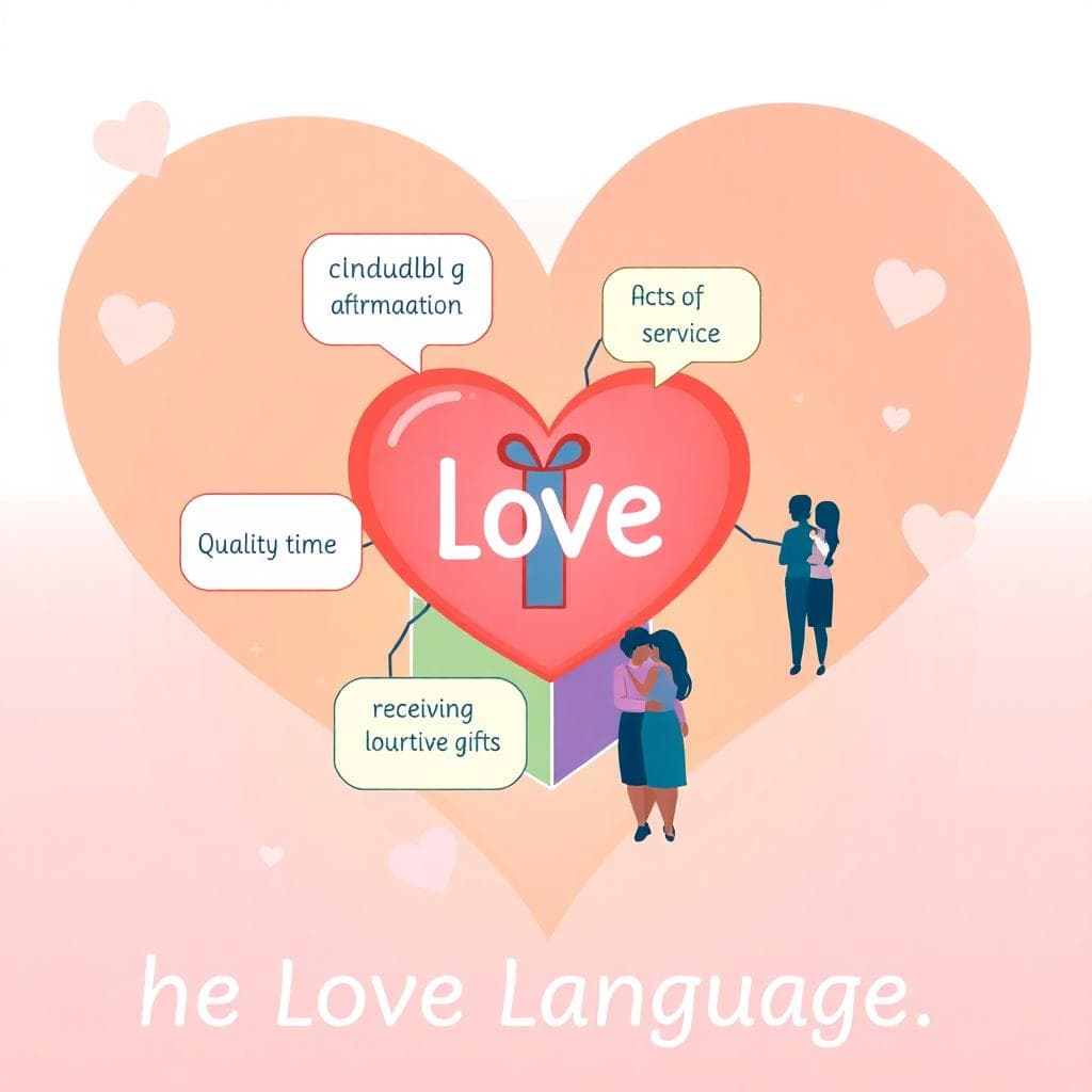 五種愛的語言概念圖示,中心為一顆心形,分成五部分,每部分象徵一種語言:言語肯定有對話泡泡、優質時間有兩人交談、禮物有包裝禮盒、服務行動有幫助的手、身體接觸有擁抱身影,使用柔和粉彩色調和現代向量風格