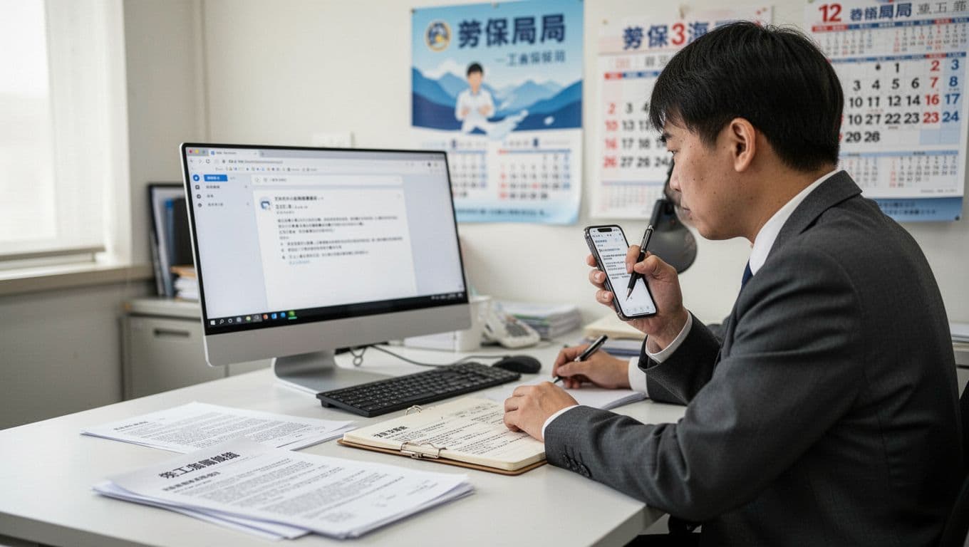 工會加保客服說法與法規不一致怎麼辦?3步確認法 A concentrated Taiwanese office worker sits at a minimalist desk, holding phone recordings and union insurance documents while writing an email requesting written explanations and basis. Foreground shows labor insurance files, notebook, and computer with email draft; background includes labor bureau poster and calendar, in realistic photography style with bright natural indoor light.