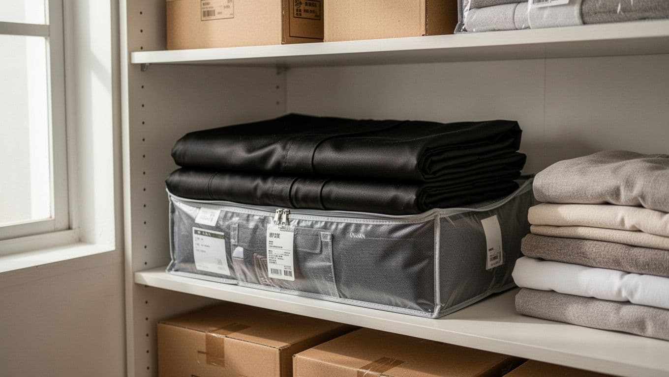 低預算訂製窗簾:遮光等級怎麼選睡得香 A neatly folded stack of blackout curtains sits in a breathable fabric storage bag on an organized shelf in a clean Taiwanese home storage closet, with soft natural light and minimalist style.