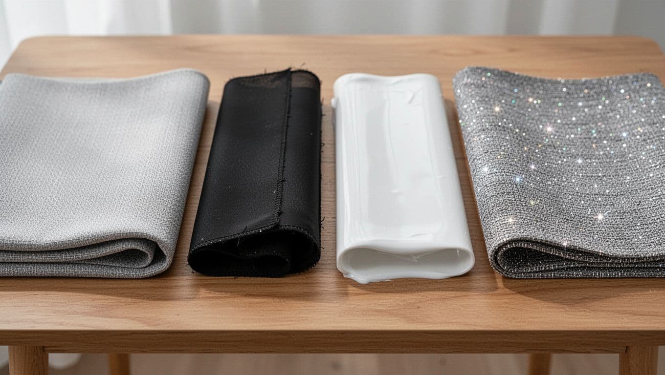訂製窗簾抗UV值得選嗎?價格差異與實際效果解析 Four distinct anti-UV curtain fabric samples arranged side by side on a wooden table, showcasing high-density weave, double-layer black mesh, coated backing, and sparkling fiber textures under natural indoor light with high detail.