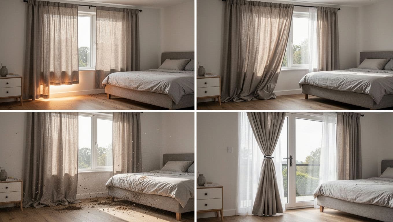 訂製窗簾不同房間要花多少?客廳臥室書房估算全指南 A realistic modern bedroom split into four quadrants highlighting common curtain issues: too short exposing light gap, stiff fabric bunching up, dragging on floor collecting dust, and track jamming near window handle. Natural morning light illuminates the problems with high detail, simple bed setup, no people, and a cautionary mood.