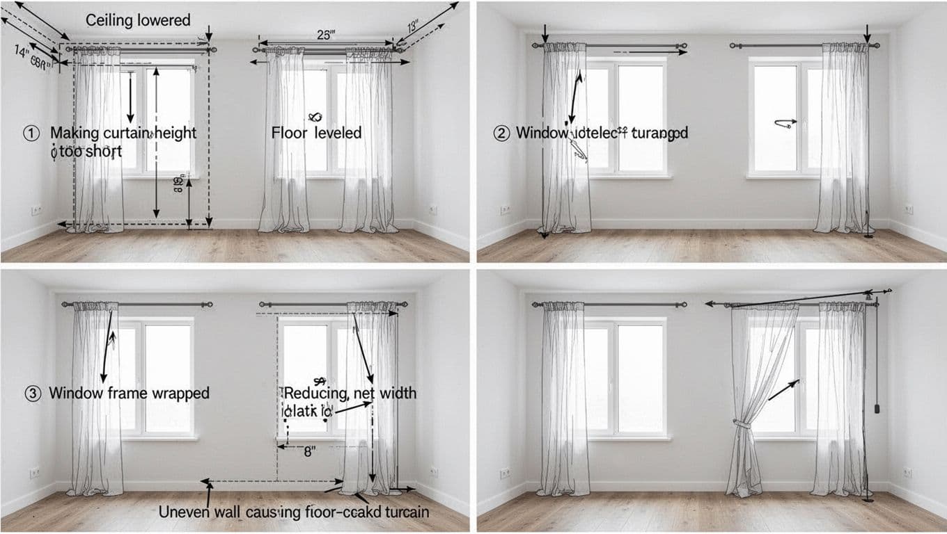 Illustrations of four curtain measurement mistakes during renovation: lowered ceiling causing short curtains, leveled floor altering length, wrapped frame reducing width, and uneven wall making crooked tracks, shown in separate panels with arrows on plain white windows.