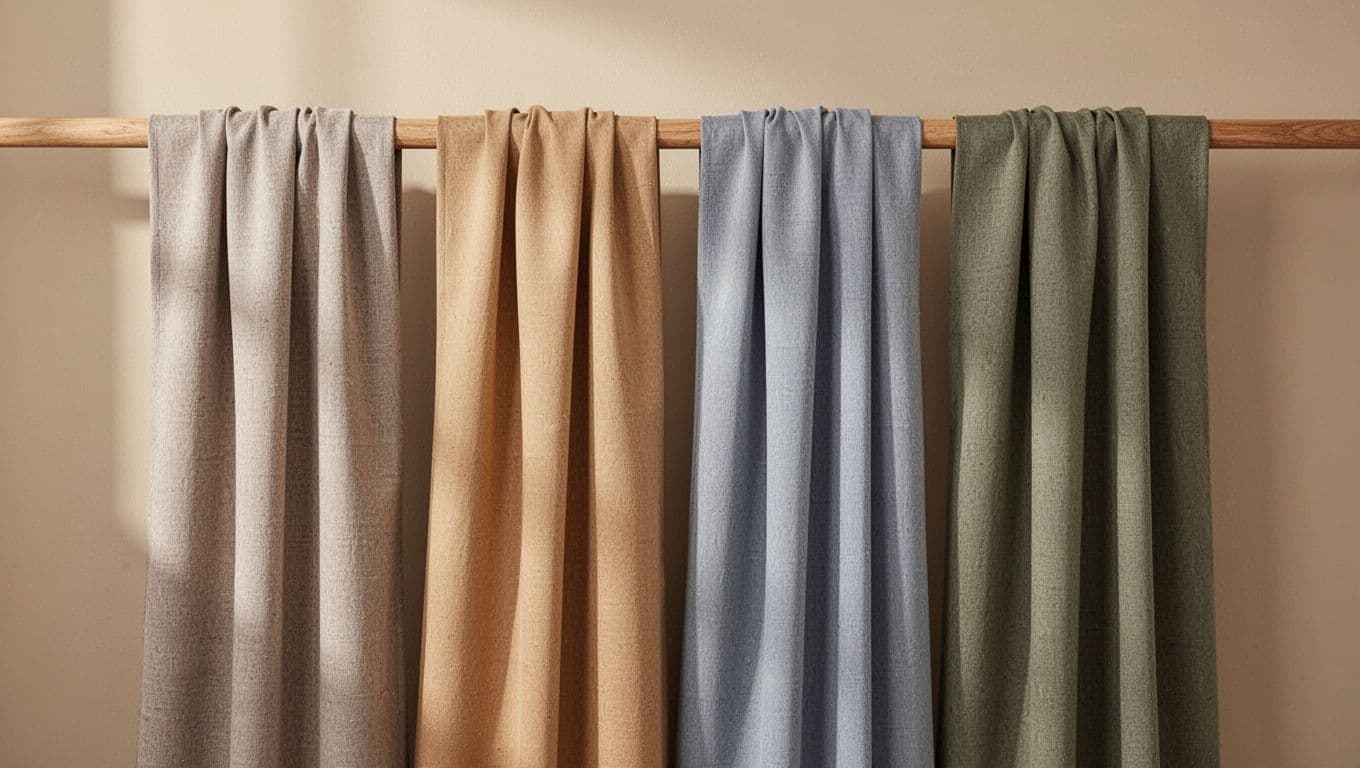 Photorealistic landscape display of four mid-tone curtain fabric swatches—beige-gray, light camel, misty gray-blue, and gray-green—draped naturally on a wooden rod against a neutral beige wall under soft natural daylight, showcasing detailed textures and durability.