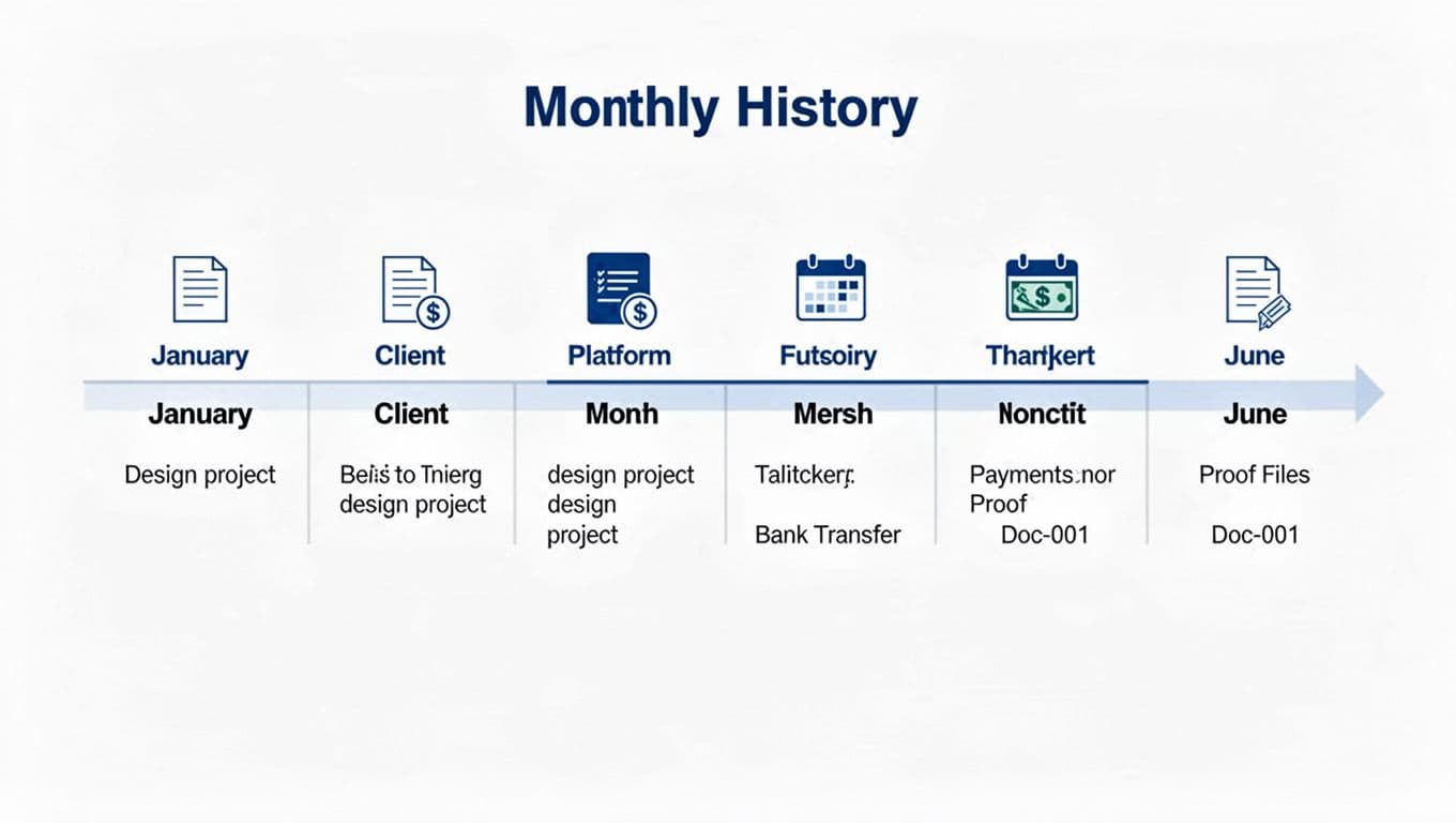 先搞懂為什麼「工會加保」容易被誤會成「人頭加保」 A clean, minimalist one-page timeline infographic displaying a freelancer's work history from January to June for union insurance proof, including months, clients, work details, payments, and document references with icons.