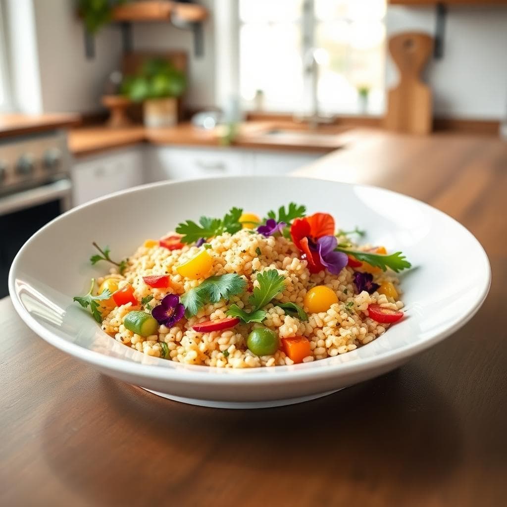 AI 生成圖片說明:一份色彩鮮明、簡潔又創新的餐盤,搭配現代廚房光線,畫面清新且誘人。像是月亮水瓶座在餐桌上的日常寫照,由 AI 創作