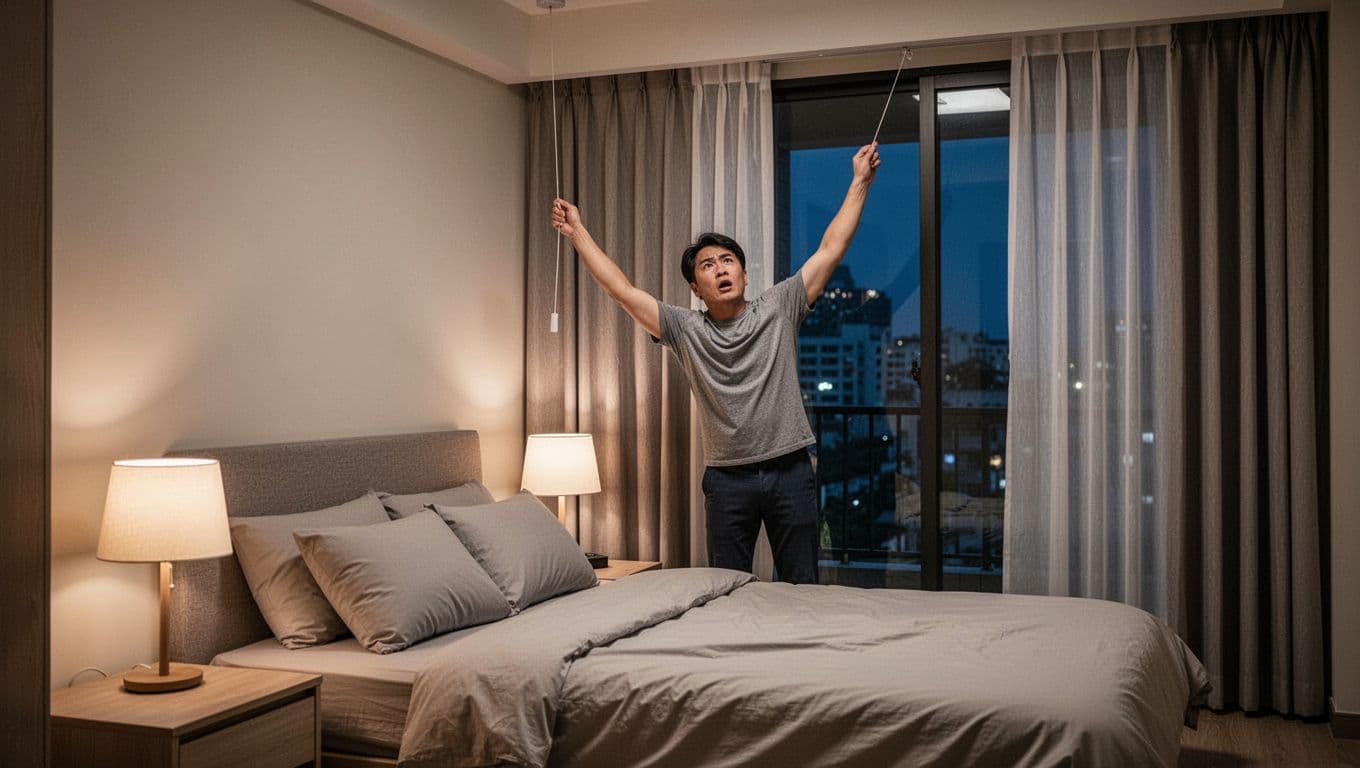 訂製窗簾付款要不要分期?常見流程與判斷要點 Photorealistic scene in a modern Taiwanese bedroom at evening shows one frustrated adult homeowner awkwardly reaching for a curtain pull cord positioned too high from the bedside table. The room features a bed with pillows, simple nightstand, soft lamp light, and partially open curtains revealing a night view outside with detailed fabric folds.