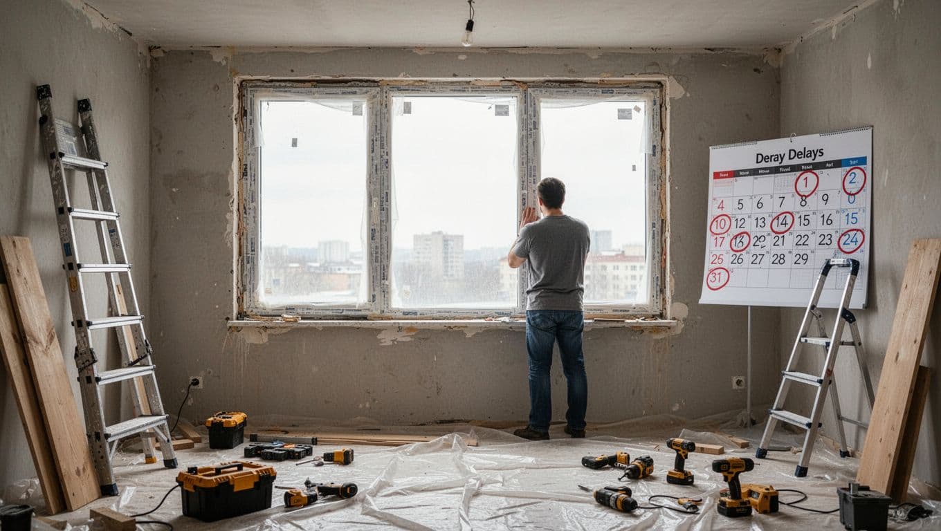 Photorealistic scene of a modern apartment renovation with unfinished bare windows exposing the interior, a wall calendar circled in red for delays, scattered tools and ladders, and one frustrated homeowner by the window.