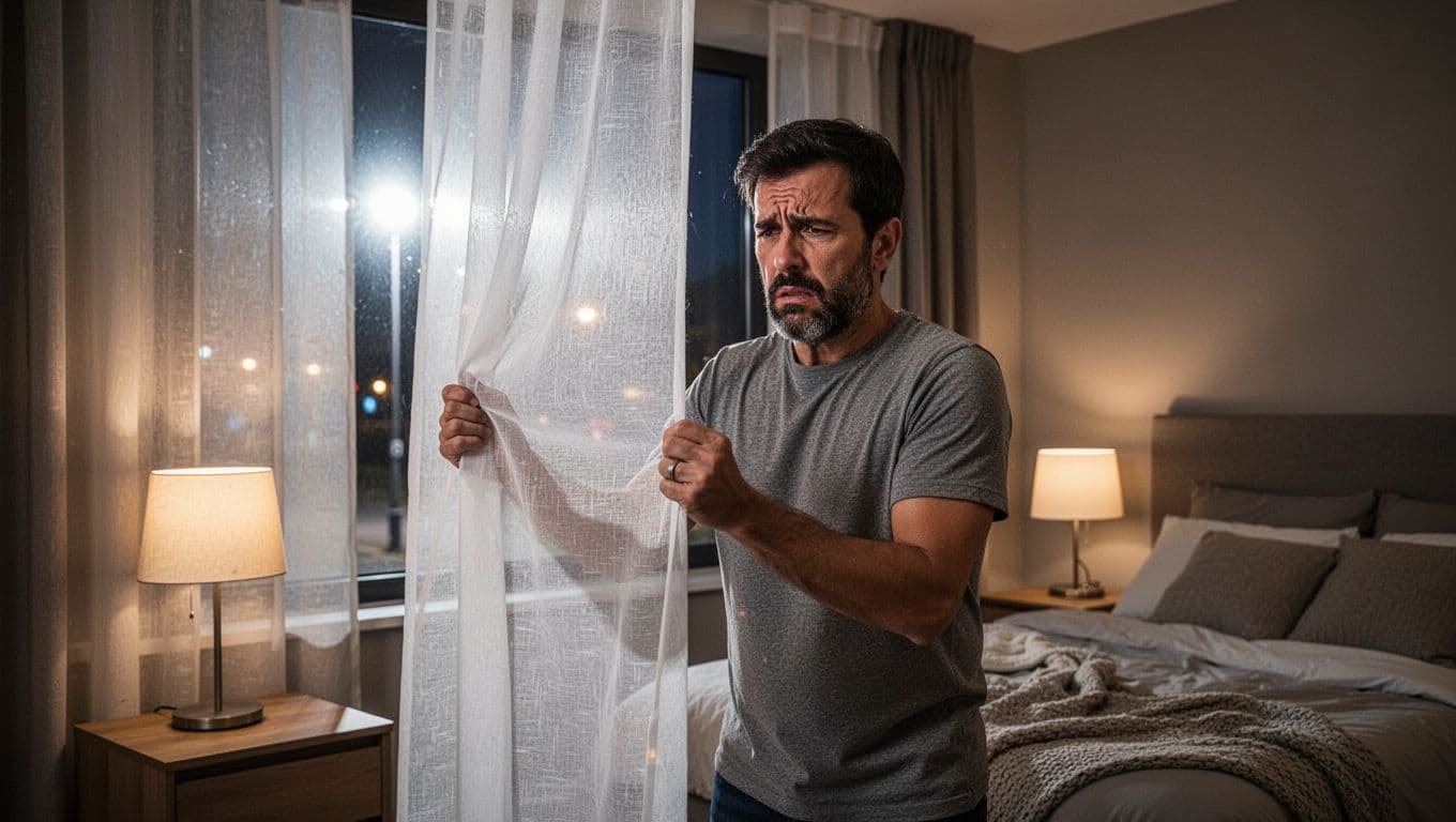 A disappointed man in a modern nighttime bedroom holds a thin breathable gauze curtain sample against the window, where bright streetlight leaks through easily, highlighting his frustration with bedside lamp glow and cozy bed in the background.