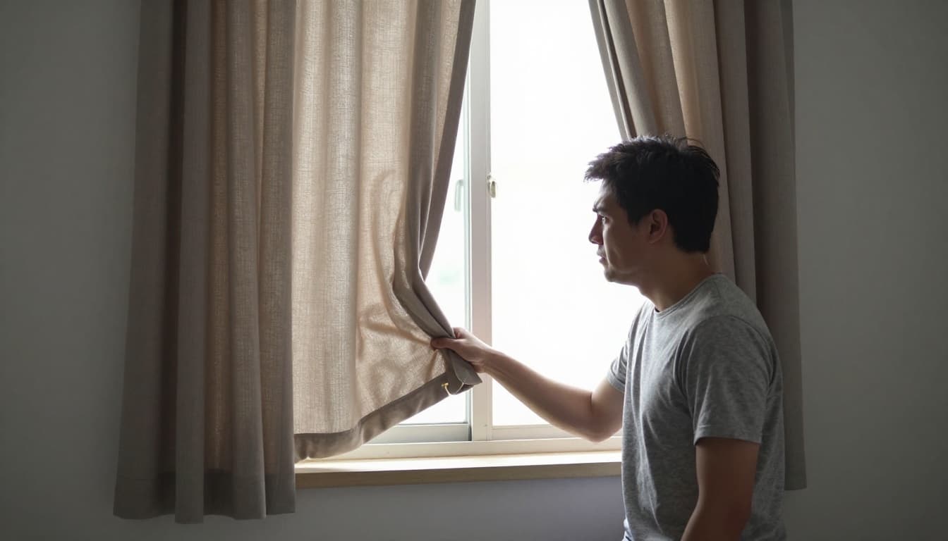 A frustrated young man in a casual t-shirt pulls on thin curtains in a cramped Taiwanese bedroom, with sunlight pouring through uneven gaps at the window edges.