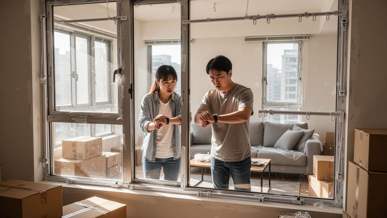 A frustrated Taiwanese couple anxiously looks at their watches in a bare modern living room with empty curtain tracks, uncovered windows letting in harsh sunlight, and unpacked boxes scattered around.