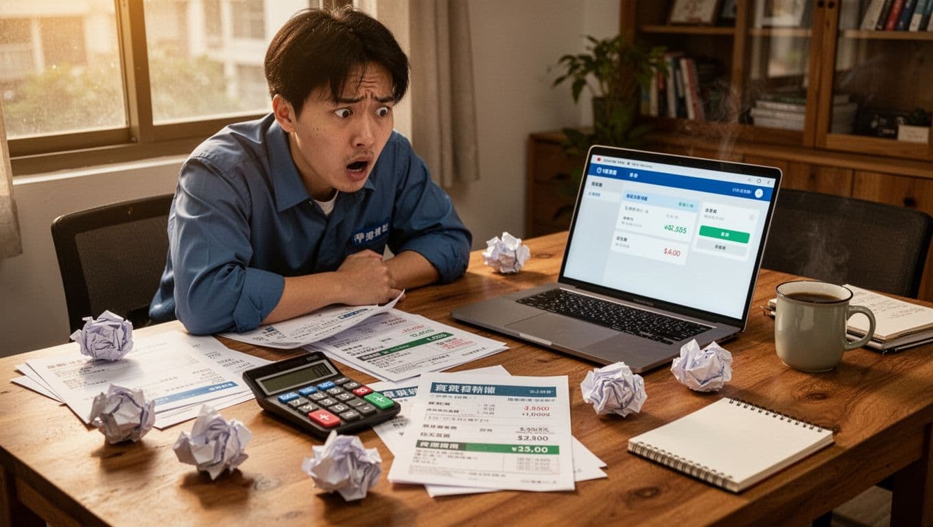 打零工族加入工會最常卡關:資格認定與工作證明 A realistic landscape of a frustrated Taiwanese gig worker at a home office desk in Taipei, surrounded by union fee documents, calculator showing unexpected costs, crumpled papers, laptop with payment interface, under warm natural light, evoking surprise at hidden expenses.