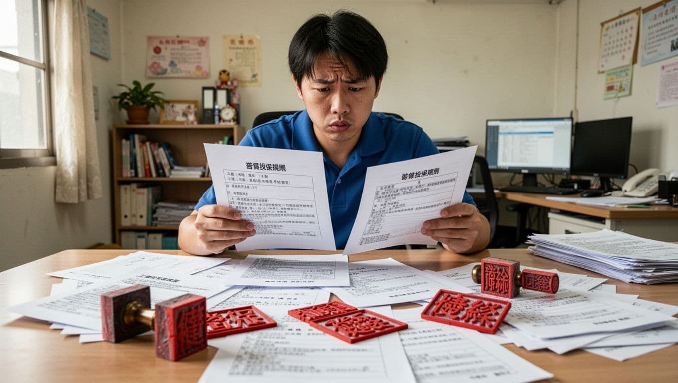 打零工族加入工會最常卡關:資格認定與工作證明 A Taiwanese gig worker sits confused at a home office desk, holding labor and health insurance documents while comparing union rules amid scattered red rejection stamps and chaotic papers.