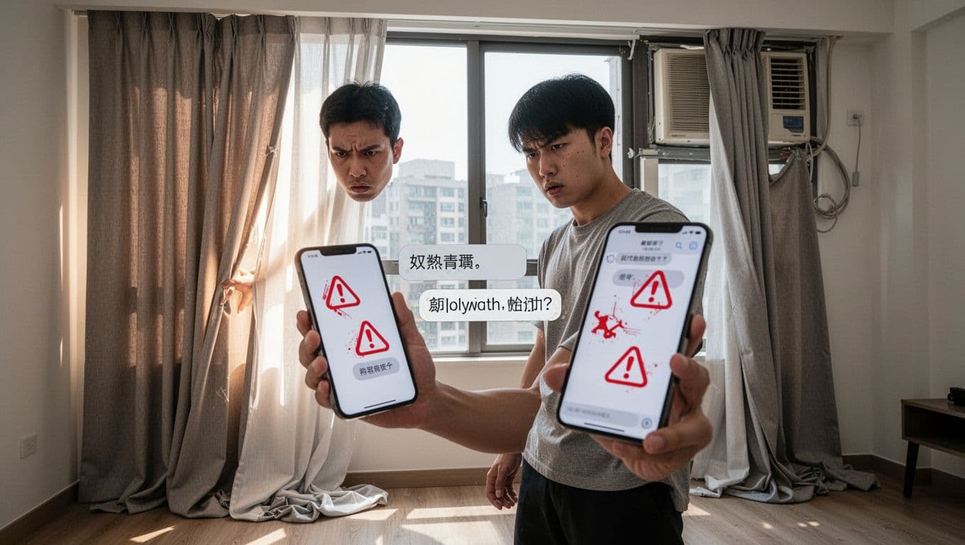 Realistic photo of a frustrated young Taiwanese homeowner in a modern apartment standing by a window with poorly fitted custom curtains leaking light and dragging on the floor, symbolizing measurement errors, while holding a phone showing a chat message insisting on width and height data with red warning icons.