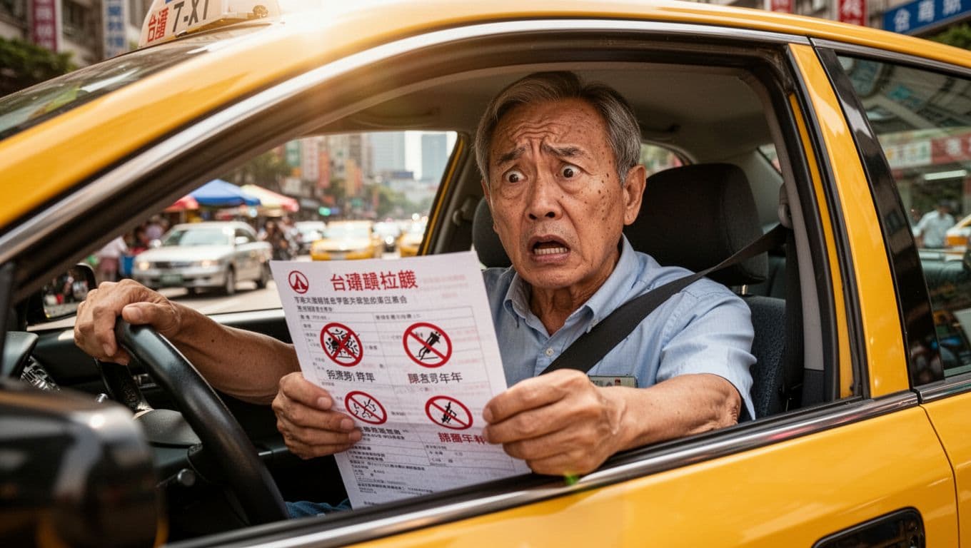 計程車司機退休怎麼規畫?年資、級距與現金流全指南 A photorealistic image of a middle-aged Taiwanese taxi driver in his 50s sitting in a yellow taxi on a busy Taipei street, looking surprised and worried at a labor insurance document marked with red errors for pension miscalculations. The foreground emphasizes the document's abstract icons for broken service years and wrong tier, with blurred Taipei traffic and skyscrapers in the background under bright sunlight.
