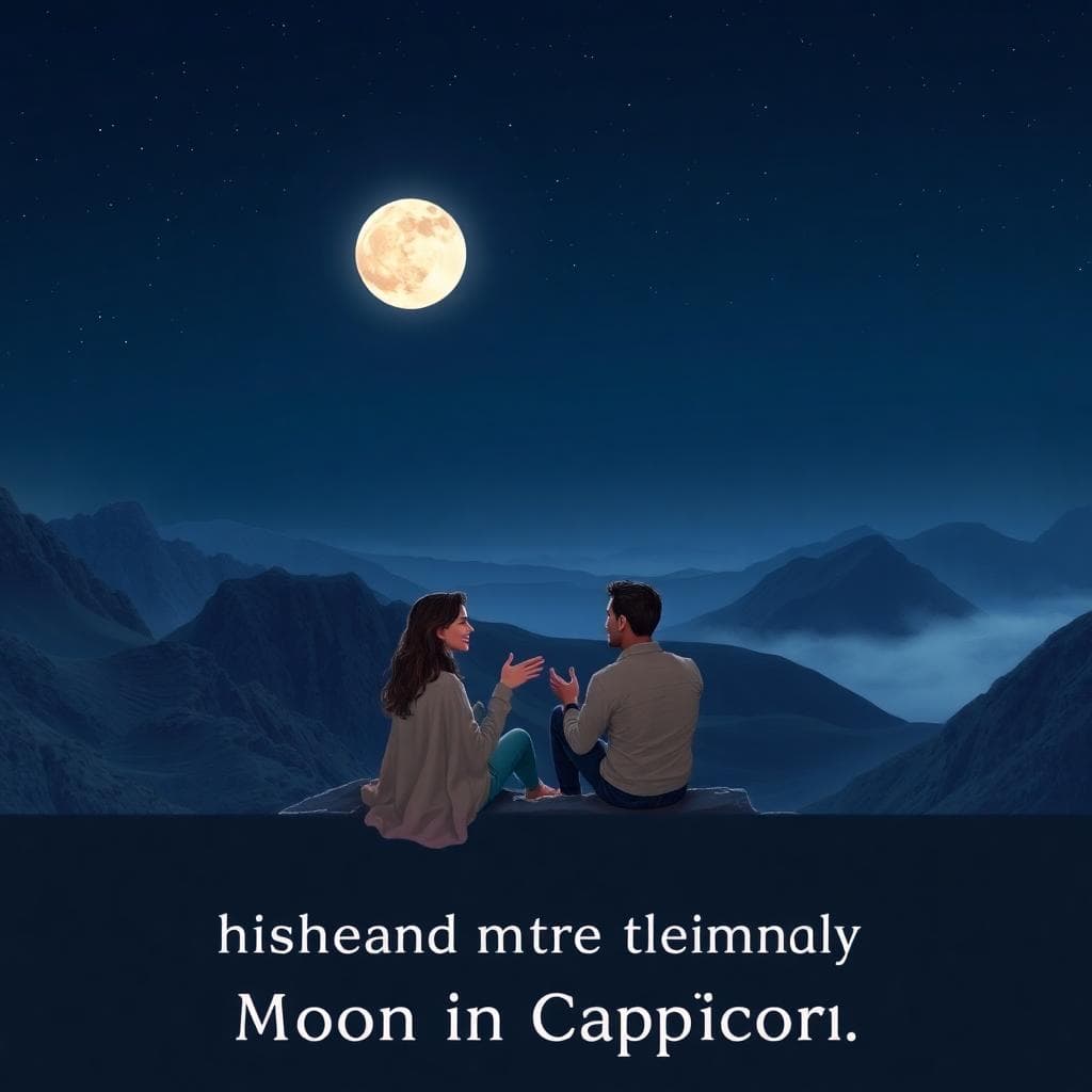 AI 生成的圖像:寧靜夜晚下,滿月照亮崎嶇山景,一對情侶坐在岩石上親近交談,象徵月亮摩羯座提升親密。前景中他們面對面,姿勢放鬆帶微笑,一人比手說話,另一人專注傾聽;背景有星空、遠峰與薄霧增添深度。以寫實數位藝術風格呈現,柔和光線營造信任、耐心與情感連結的氛圍。