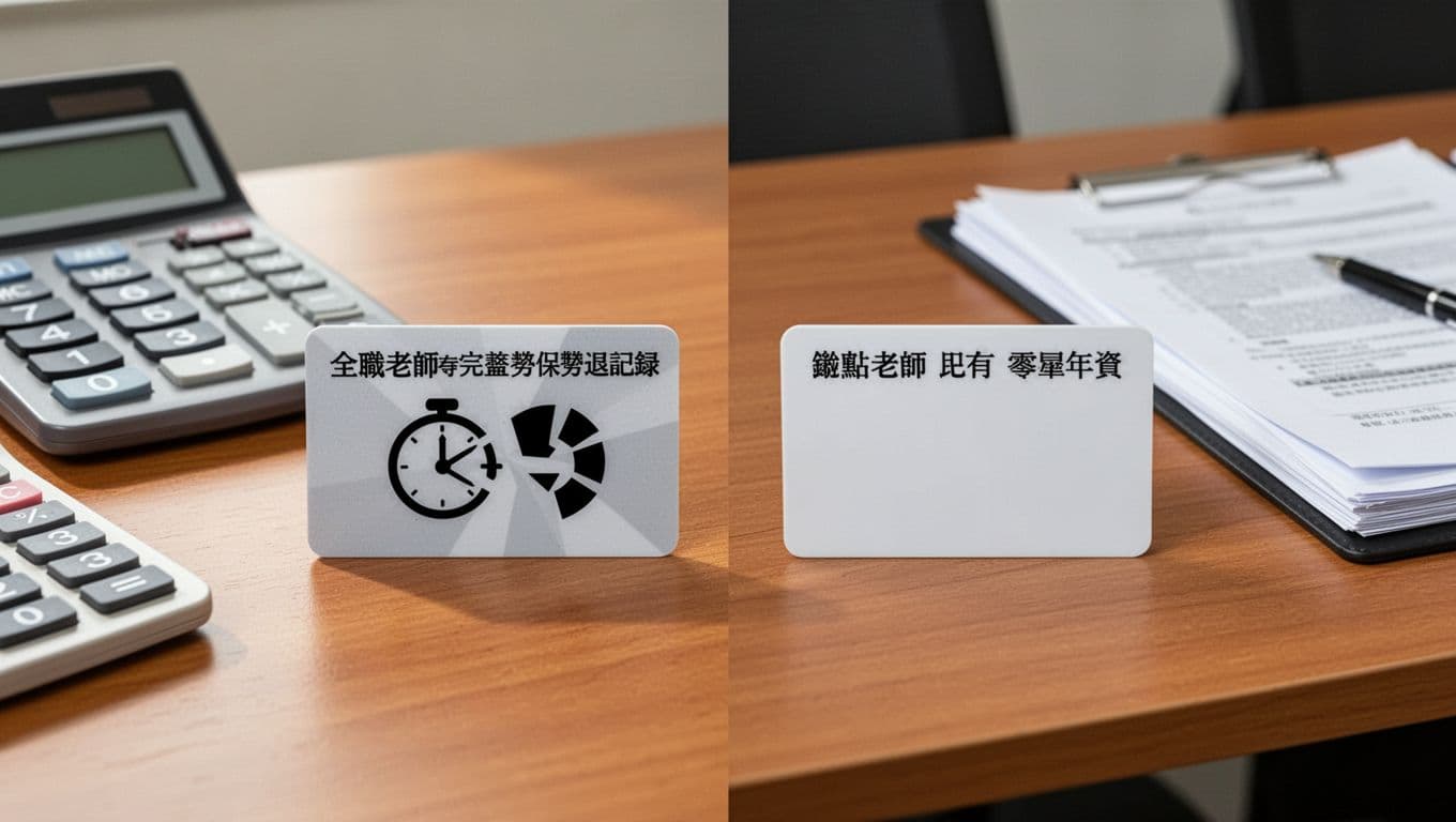 A side-by-side comparison of insurance cards on a wooden office desk: one for a full-time teacher with complete labor insurance and retirement records, the other for an hourly teacher with only sporadic seniority, accompanied by a calculator and documents under soft lighting.