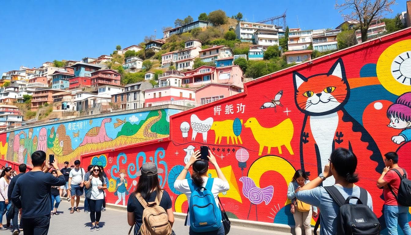 A vibrant scene in Gamcheon Culture Village, Busan, showing colorful painted walls on the hillside with artistic murals depicting animals, people, and abstract designs in bright reds, blues, yellows, and greens. In the foreground, tourists pose for Instagram photos in front of a prominent wall with a giant cat mural. The background features terraced houses climbing the hill under a clear blue sky. Photorealistic style, lively atmosphere, no text or watermarks.