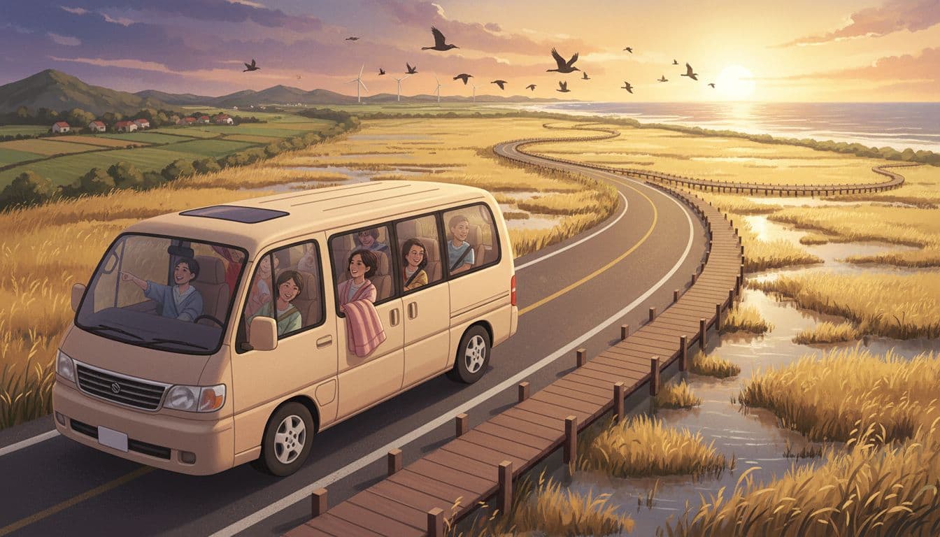 Illustration of a comfortable chartered car driving towards Gaomei Wetlands near Taichung, Taiwan.