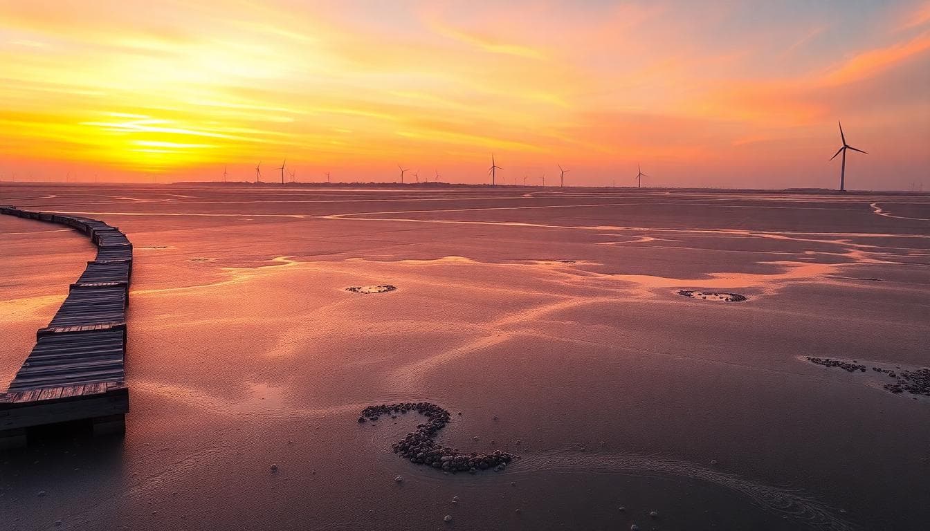 A serene sunset view of Gaomei Wetlands in Taichung, Taiwan, with vast mudflats stretching to the horizon under a dramatic orange and pink sky, wooden boardwalks winding through the wetlands for visitors to walk on, distant wind turbines silhouetted against the setting sun, shallow water reflecting the sky colors, scattered seashells and small crabs on the wet ground, gentle waves from the nearby sea, peaceful and natural atmosphere, photorealistic, high resolution, wide landscape view, no crowds, focus on the natural beauty and tranquility.