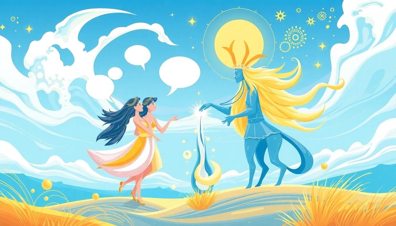 Gemini and Aquarius in a windy landscape